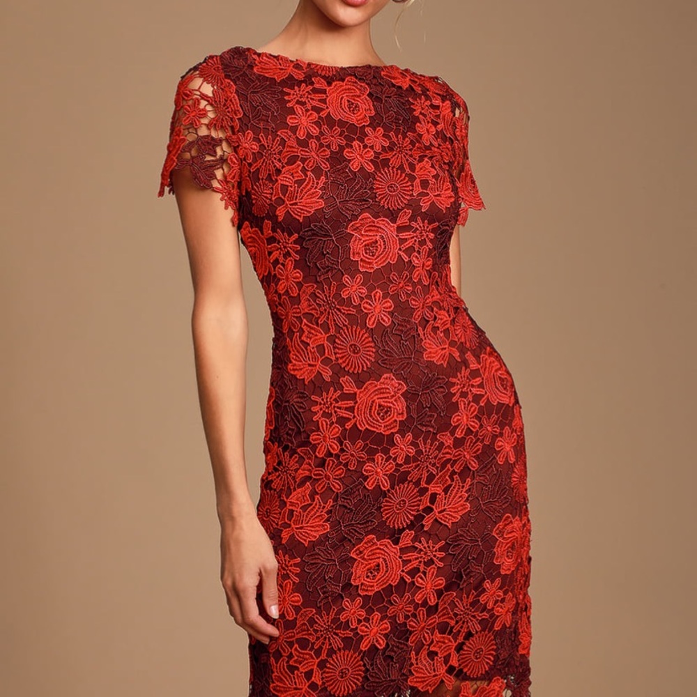 Lulu’s Burgundy and Red Crochet Lace Midi Dress